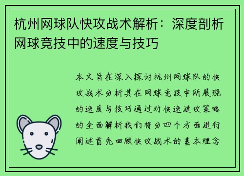 杭州网球队快攻战术解析:深度剖析网球竞技中的速度与技巧