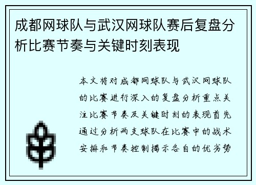 成都网球队与武汉网球队赛后复盘分析比赛节奏与关键时刻表现