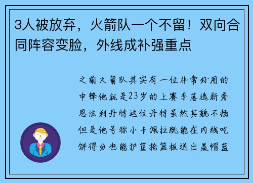 3人被放弃，火箭队一个不留！双向合同阵容变脸，外线成补强重点